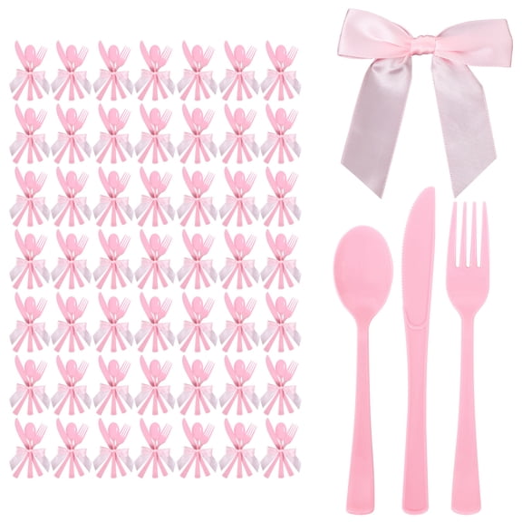 Austok 200PCS Plastic Silverware Set with Twist Tie Bow Heavy Duty Plastic Cutlery Set Premium Utensil With 50 Forks, 50 Spoons, 50 Knives, Perfect for Party, Wedding and Daily Use