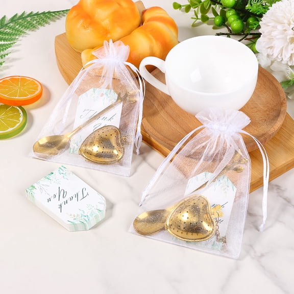 Austok 25 Set Bridal Shower Tea Party Favor for Guest Leaf Tea Spoon Heart Shape Infuser Ball for Loose with Thank You Card Organza Bag Wedding Souvenir Present
