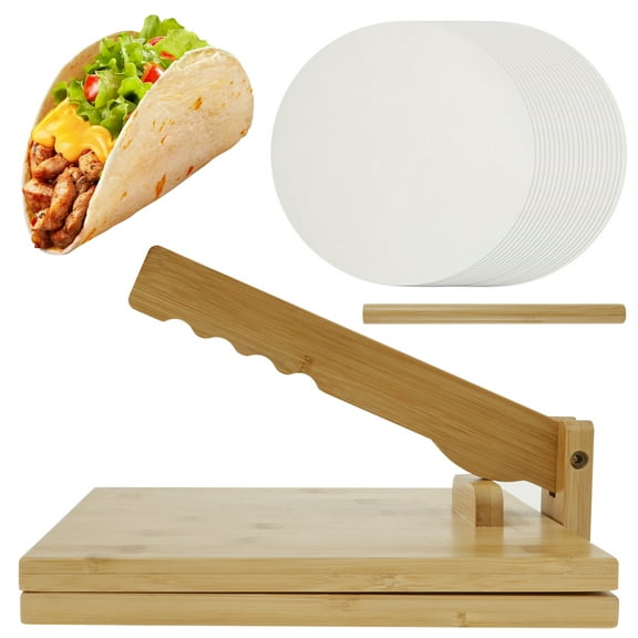 Austok 25Pcs Bamboo Tortilla Presser 10 Inch Manual Square Tortilla Maker with 1 Rolling Pin and 50 Oil-Proof Paper Rotatable Mexican Tortillera Dough Pressing Tool for Homemade Tortilla