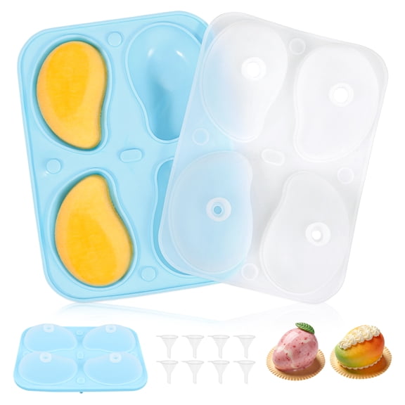 Austok 2Pcs 3D Mango Shape Cake Mold, 4 Cavity Silicone Mousse Mold with 8 Funnels for Mousse Cake, Pastry, Ice Cream, Chocolate, Jelly, Pudding