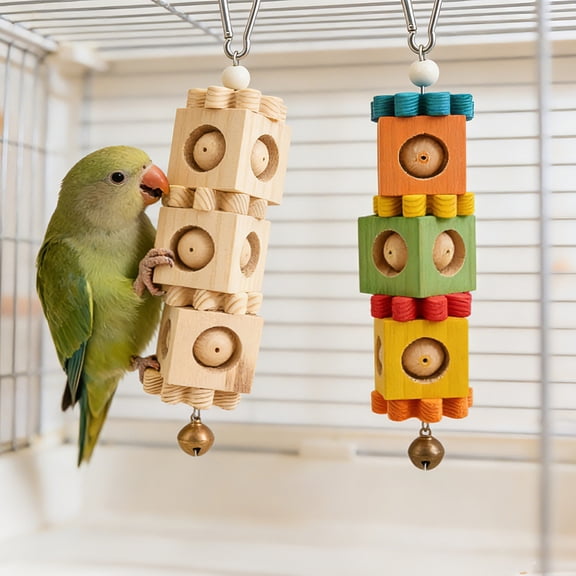 Austok 2Pcs Bird Chew Toy for Beak Grinding Hanging Rotating Wood Block with Bell Parrot Foraging Enrichment Toy for Small to Medium Cocktiel Conure Caique