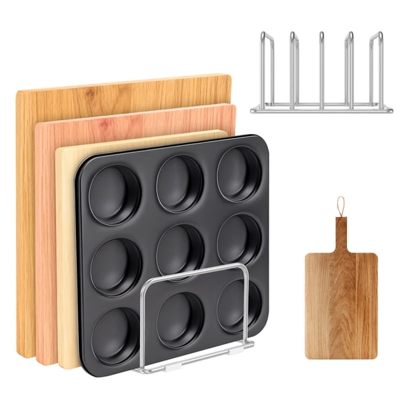 Austok 2Pcs Chopping Board Rack Stand Stainless Steel Cutting Board Holder Compact with 4 Compartments Metal Cookie Sheets Organizer for Kitchen Countertop