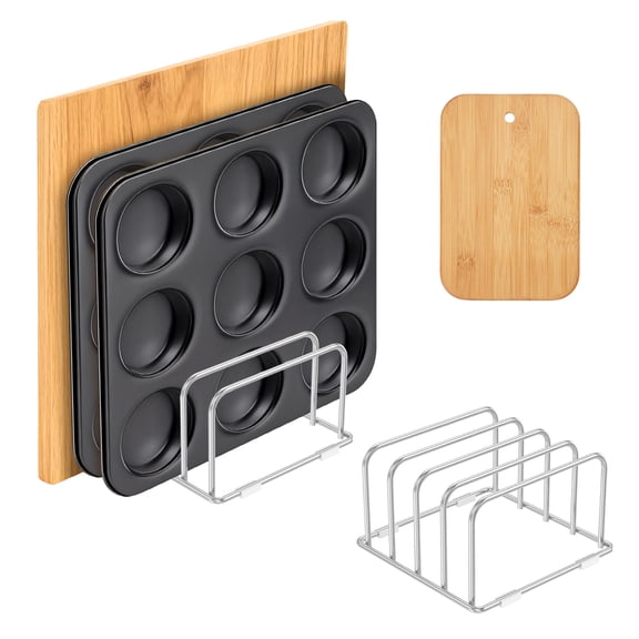 Austok 2Pcs Chopping Board Rack Stand Stainless Steel Cutting Board Holder Compact with 4 Compartments Metal Cookie Sheets Organizer for Kitchen Countertop