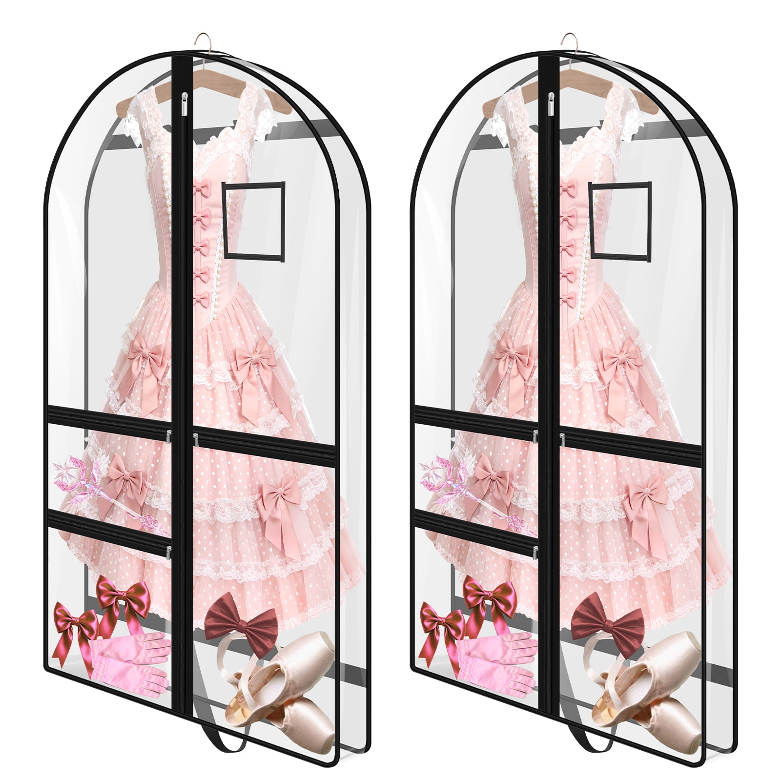 Austok 2Pcs Garment Bag with 3 Pockets Clear 40 Inch Long Clothes Cover Multipurpose Dance Garment Bags for Hanging Gown Coat Suit Jacket