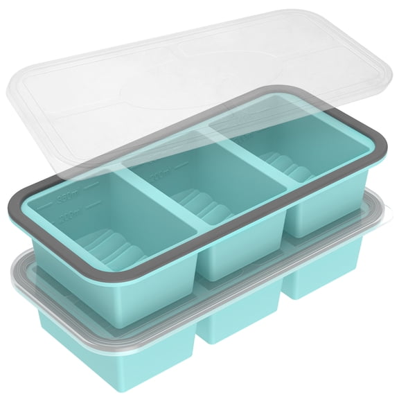 Austok 2Pcs Silicone Freezer Tray with Lid Easy Demold 3 Cup Soup Portion Cube Mold Leakproof Food Freezer Container Dishwasher Safe for Storing 350 ml Broth Soup