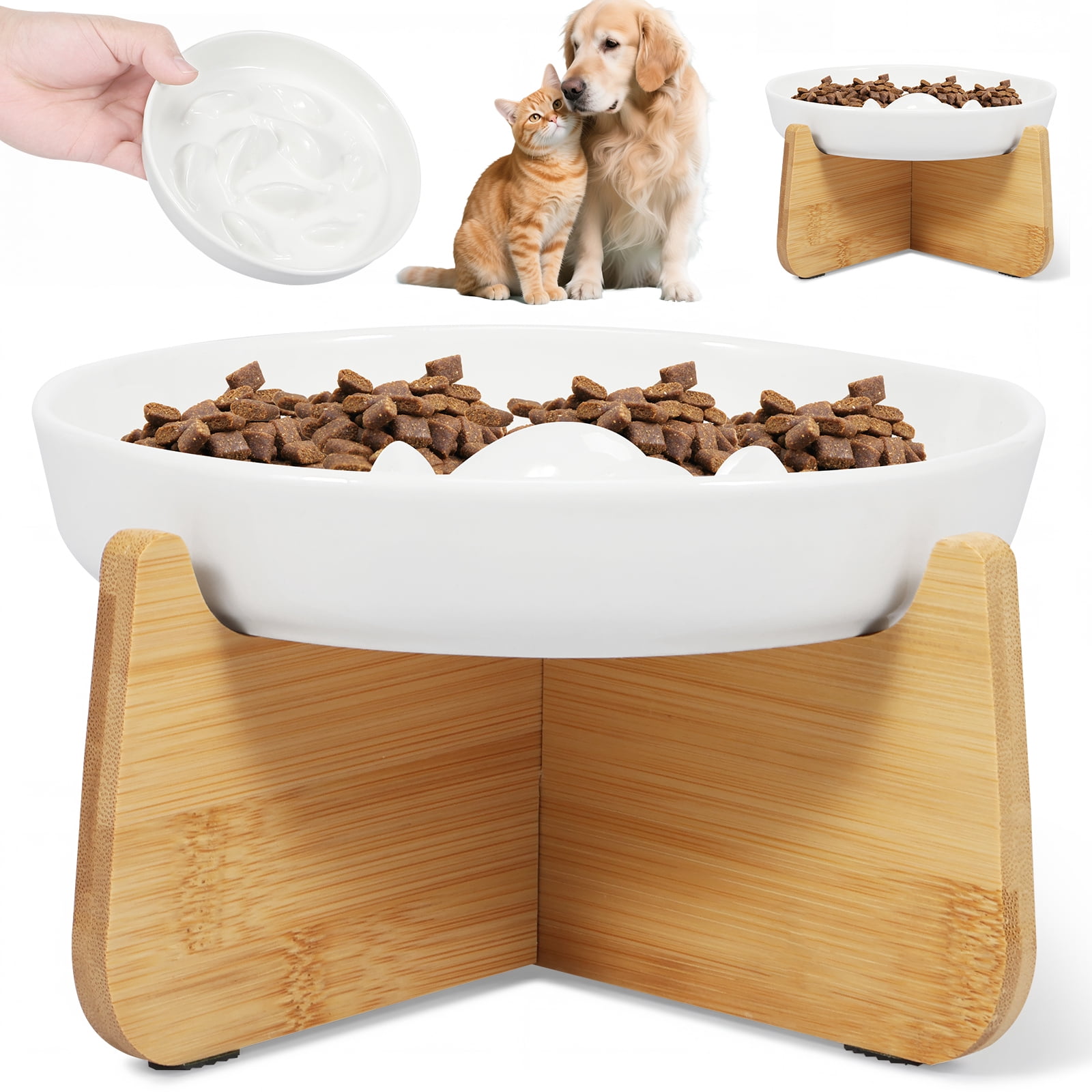 Austok 2Pcs Slow Feeder Cat Bowl with Wooden Stand Anti Vomiting and Non Slip Ceramic Raised Pet Food Bowl for Cat and Small Dog