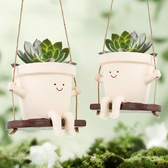 Austok 2Pcs Swing Flower Pot Cute Hanging Swing Pot Decorative Hanging Swing Planter Portable Resin Head Planter Charming Swing Planter Pot Little Swinging Pot for Indoor Outdoor
