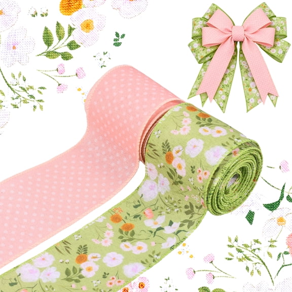 Austok 2Pcs Wildflower Wired Edge Ribbon 5 Yard Each Retro Wild Floral Butterfly Pattern Decorative Craft Wrapping Ribbon Roll for Wreath Bow Decoration