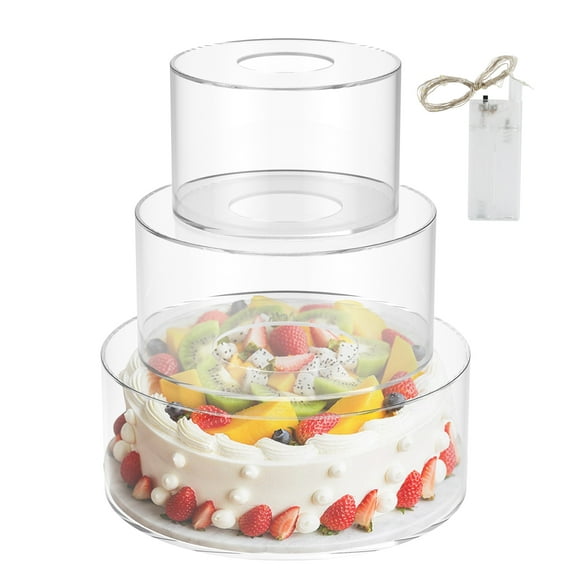 Austok 3 Pcs Acrylic Cake Stand with Light Strings Clear Cake Riser Stackable Cake Tier Round Decorative Cake Display Stand for Wedding Birthday Party(6 Inches, 8 Inches, 10 Inches)