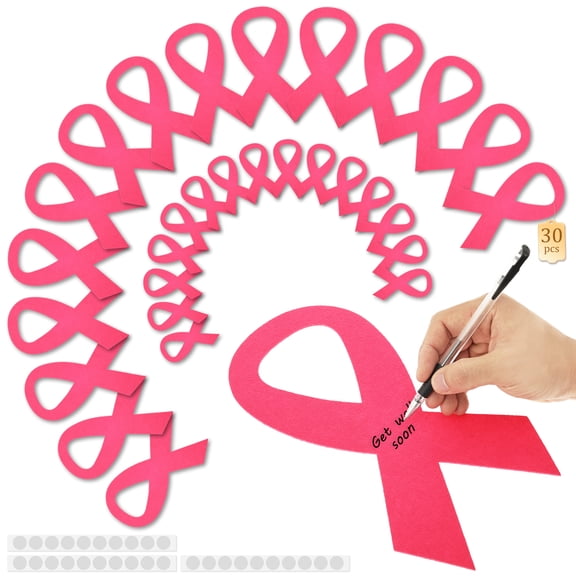Austok 30Pcs Breast Health Awareness Pink Ribbon Set Reusable Large Felt Pink Ribbon Decor with Glue Points for Nonprofit Fundraising Activities