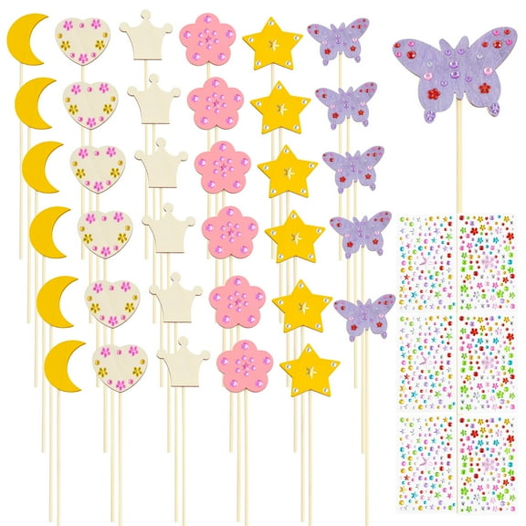 Austok 36Pcs Princess Fairy Wands Kit Include 6 Styles Unfinished Wood Princess Wand with Gem Stickers DIY Fairy Wand Craft Fun Wood Wands for Kids Parties