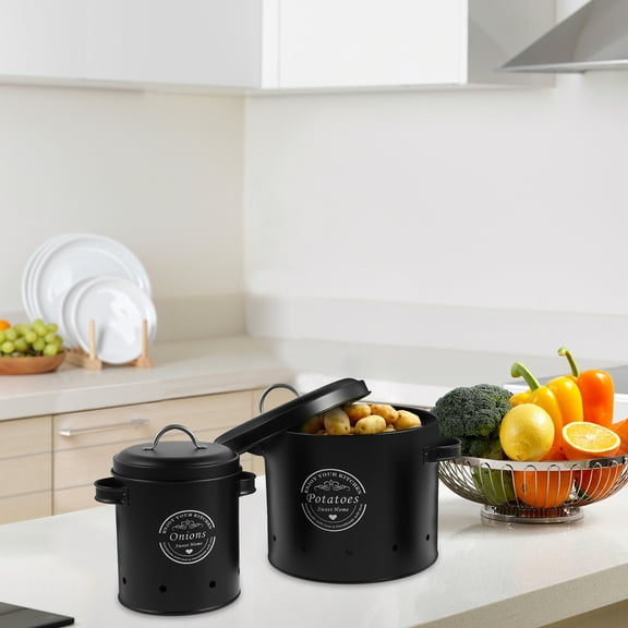 Austok 3Pcs Vegetable Storage Canister with Lid Handle Metal Potato Onion Garlic Storage Bin Rustproof Vegetable Storage Set Kitchen Storage Canisters with Aerating Holes for Home Kitchens