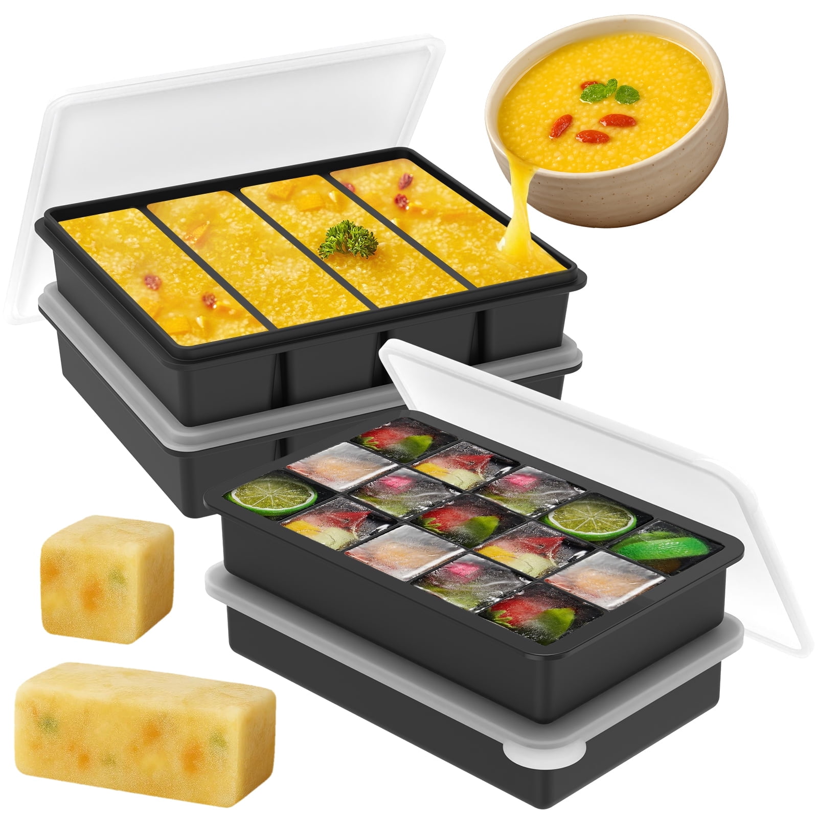 Austok 4 Pack Silicone Freezer Tray with Lid 4 Long Slot and 15 Small ...