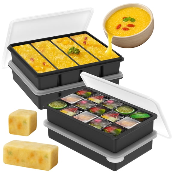 Austok 4 Pack Silicone Freezer Tray with Lid 4 Long Slot and 15 Small Grid Soup Freezer Container Mold Ice Cube Tray For Meal Prep Freezing Soup Stew Sauce Garlic Herb (Black)