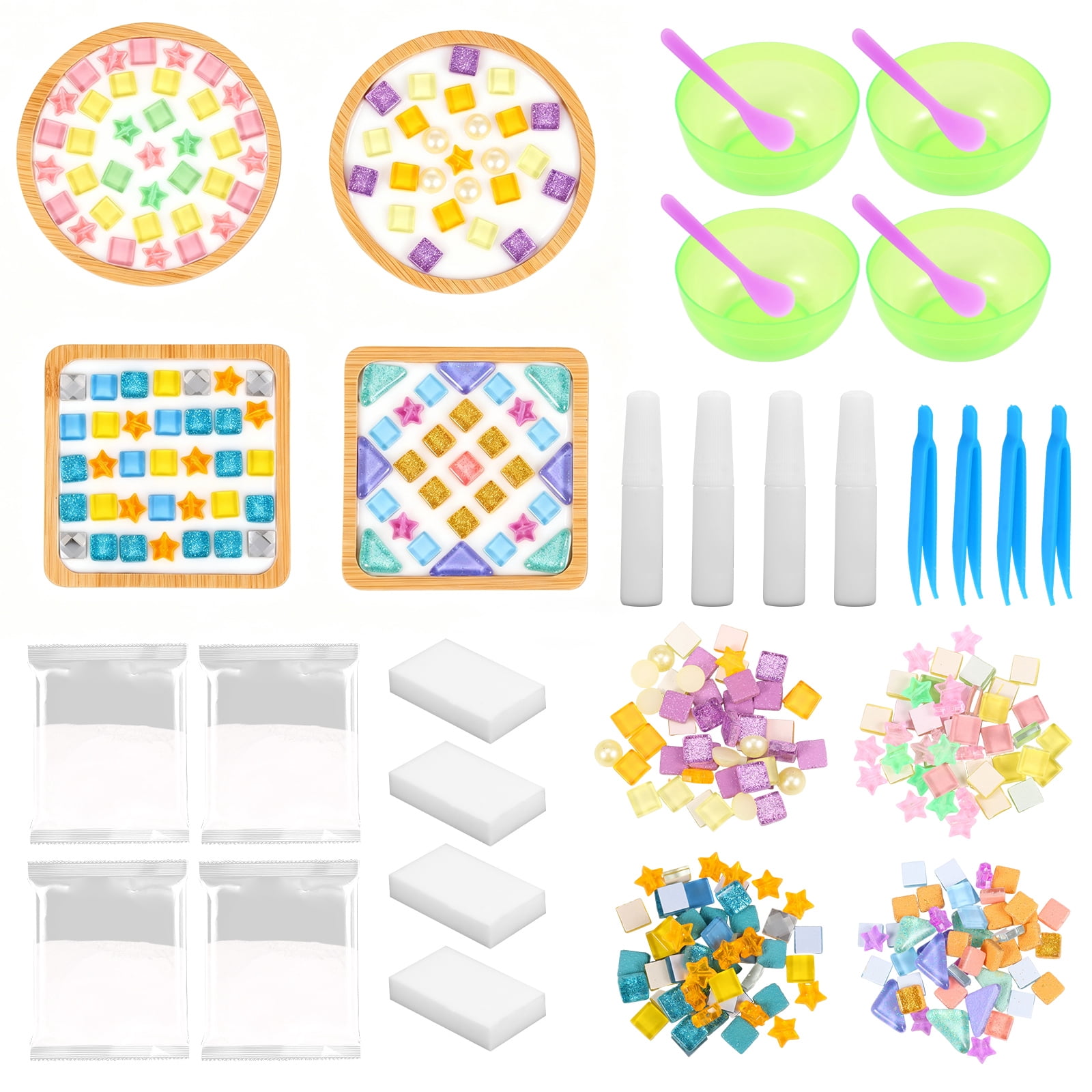 Austok 4 Pcs DIY Mosaic Kit for Adult Glass Tile for Craft with Bamboo Cup Pad for Women Mixed Color Mosaic Art Craft Cup Mat Project Handmade Making Kit Set for Home Decor Present