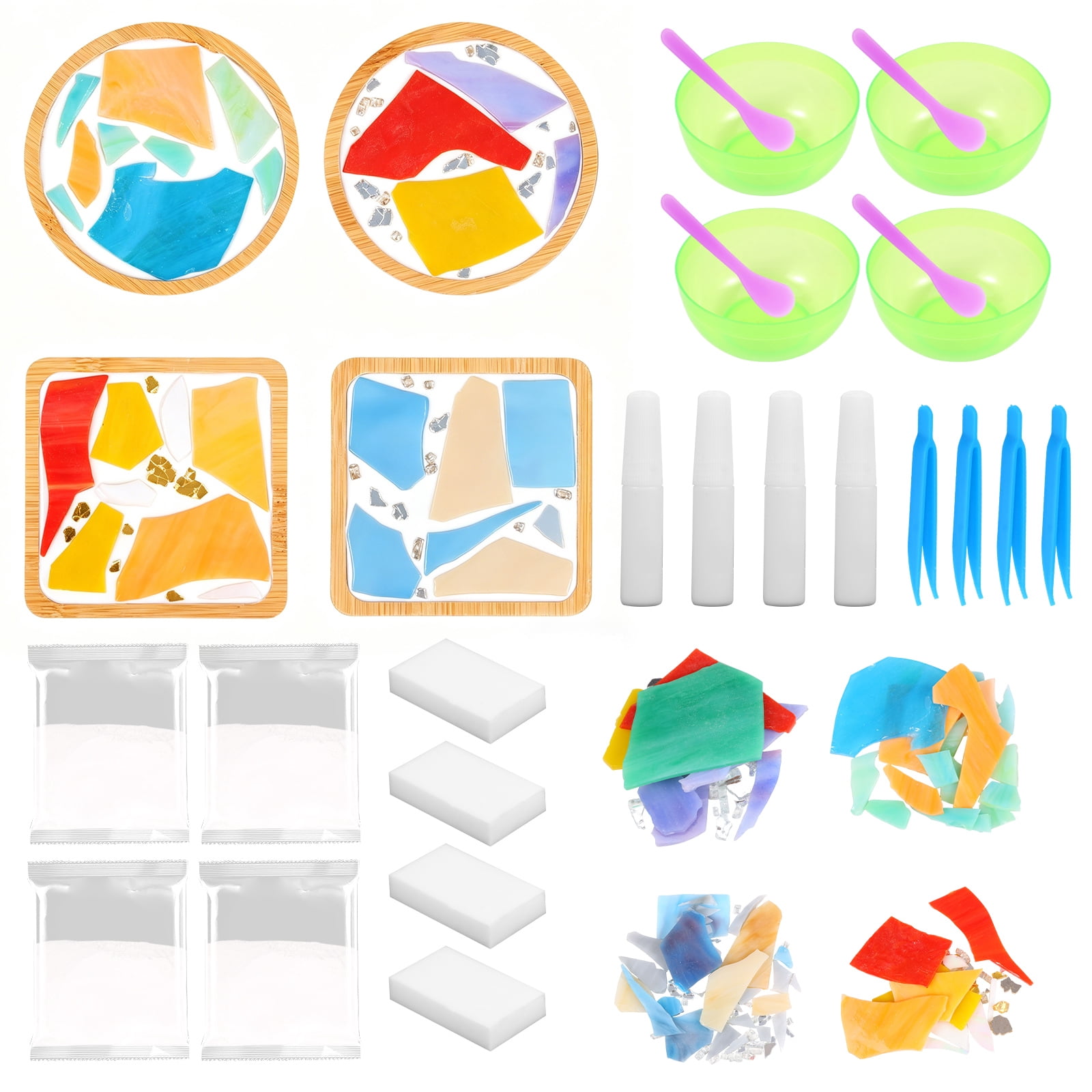 Austok 4 Pcs DIY Mosaic Kit for Adult Glass Tile for Craft with Bamboo Cup Pad for Women Mixed Color Mosaic Art Craft Cup Mat Project Handmade Making Kit Set for Home Decor Present