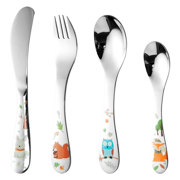 Austok 4 Pieces Kids Utensils Set, Stainless Steel Toddler Silverware Set, Mirror Polished Toddler Forks, Baby Spoons and Knife
