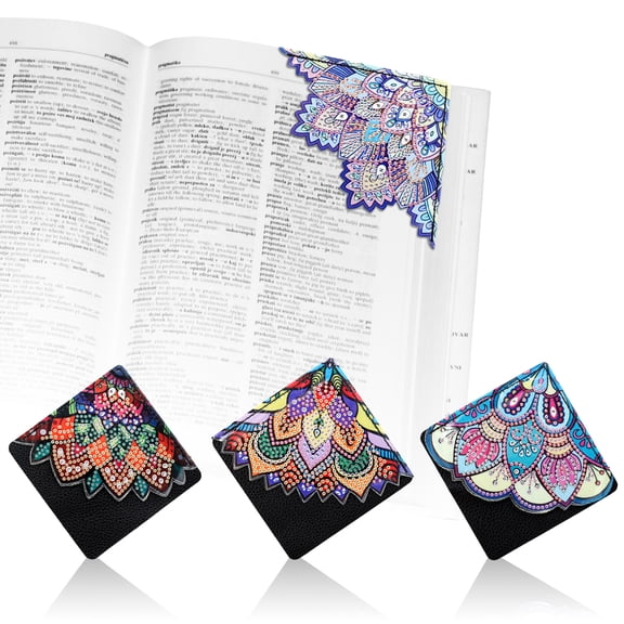 Austok 4Pcs Diamond Painting Corner Bookmarks Kit DIY Diamond Art Bookmarks PU Diamond Bookmarks Crafts Exquisite Diamond Page Book Marks for Kids Adults Book Lovers