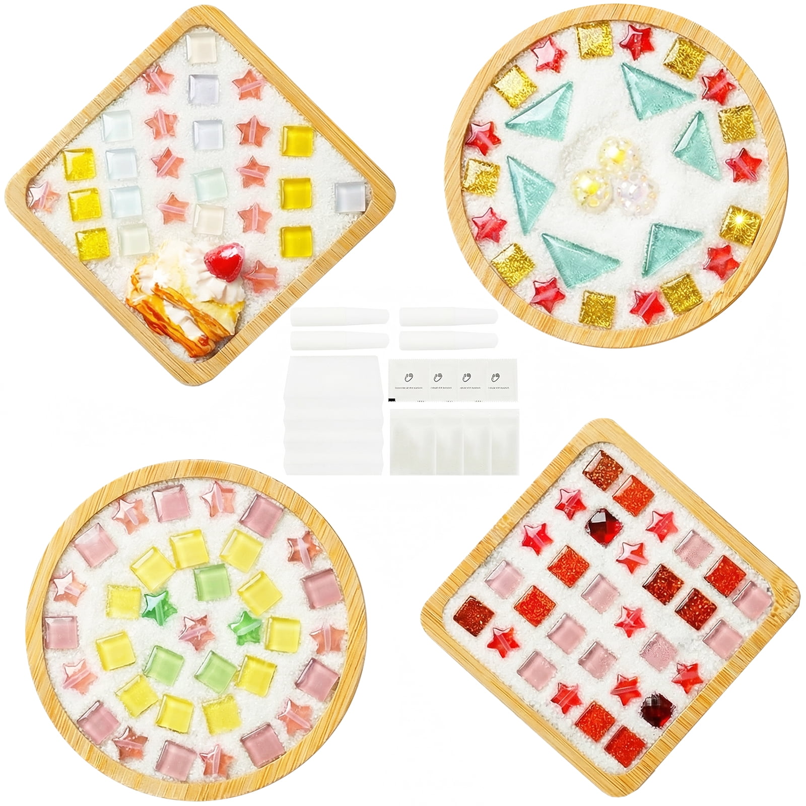 Austok 4Pcs DlY Mosaic Tile for Craft Mixed Color Glass Tile Kit with Bamboo Cup Pad for Adult DlY Cup Pad Kit Mosaic Supply for Handmade Home Decoration Present (Square and Round)