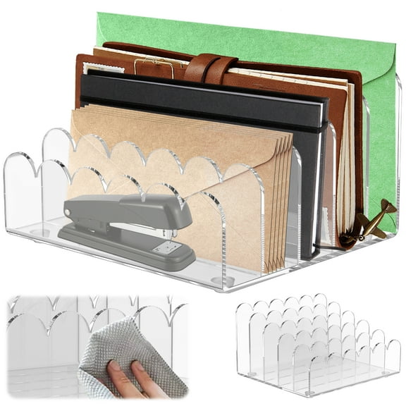 Austok 5 Slot Acrylic Mail Organizer Scalloped Clear Document Sorter Desktop Envelope Sorter Organizer for Mail Envelope Document