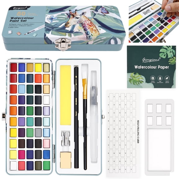 Austok 50 Colors Watercolor Paint Set Professional Water Color Painting Kit Portable Metallic Watercolor Mini Box with Palette Brush Tap Pen for Kid Adult Artist Amateur Painting Lovers