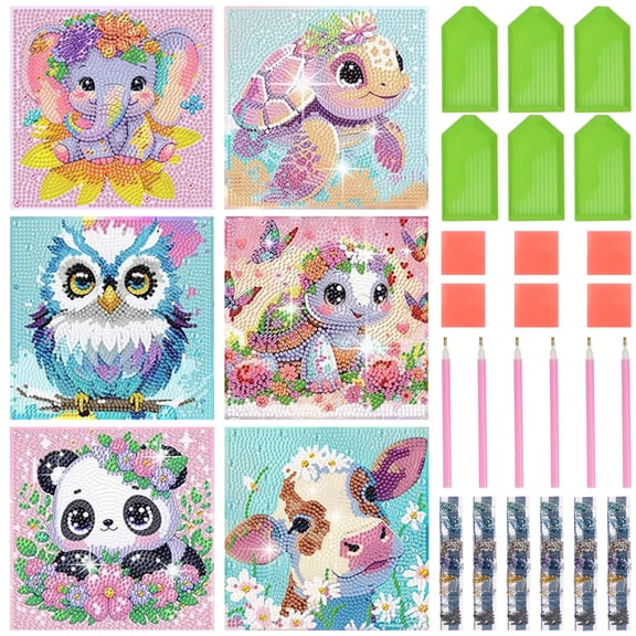 Austok 6 Pack Cartoon Diamond Art Kit for Kid Beginner Cute Animal Theme DIY Diamond Picture Kit for Kid Full Drill Big Gem Art for Home Wall Decoration 6.69 x 6.69 inch