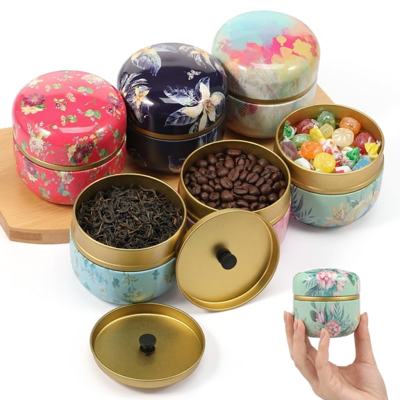 Austok 6 Pcs Airtight Tea Storage Tins 1.8oz Mini Patterns Food Containers for Loose Leaf Tea & Herbs, Coffee Beans, Spices, Sugar