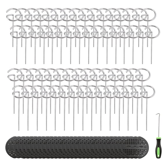 Austok 60PCS Circle Top Garden Stake Set 6"/8" G Shape Landscape Staple with 30 Washer and Puller Heavy Duty Ground Peg for Weed Barrier Tent and Landscaping
