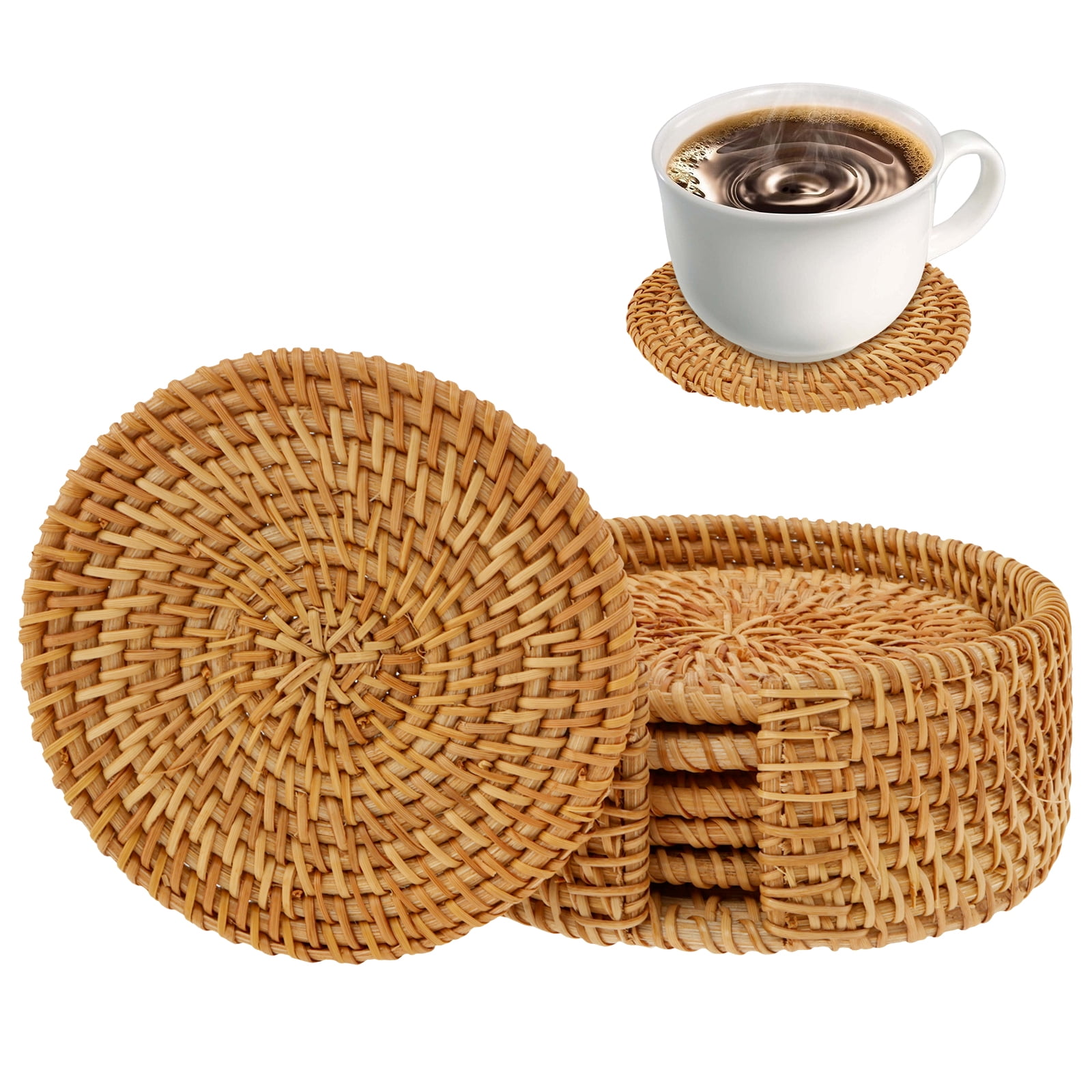 Austok 6Pcs Rattan Coasters Heat Resistant Round Straw Trivet Exquisite ...