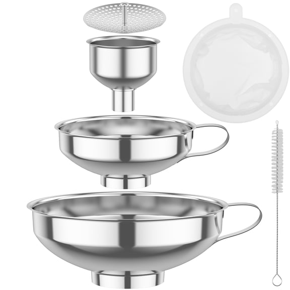 Austok 6Pcs Stainless Steel Canning Funnel with Handle Metal Wide Mouth Jar Funnel with Strainer Mesh Filter Brush for Filling Jam Oil Juice Bean Salt