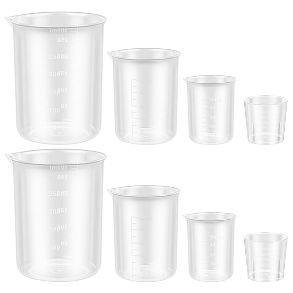 Austok 8 Pcs Plastic Graduated Beaker Transparent Lab Measuring Mixing Cup 30ml / 50ml /100ml /250ml Capacity Plastic Liquid Cup Container for Kitchen or Lab Science