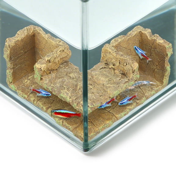 Austok 90° Corner Fish Cave Viewing Tunnel Resin Decorative Dual Hole Aquarium Corner Hideout Cave Realistic Driftwood Stump Rock Shape Fish Tank Tunnel Decor for Corydora Betta Shrimp