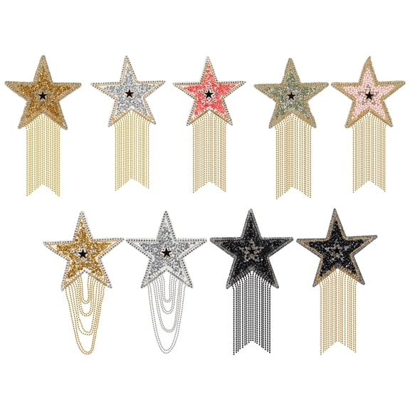 Austok 9Pcs Rhinestone Star Tassel Repair Patches Pentagram Pattern Chain Fringe Patch for Costume Hat DIY Accessories