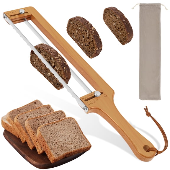 Austok Adjustable Bread Knife with Thickness Guide Stainless Steel Blade Serrated Bread Bow Knife Sourdough Cutter for Home Kitchen Artisan Bakers