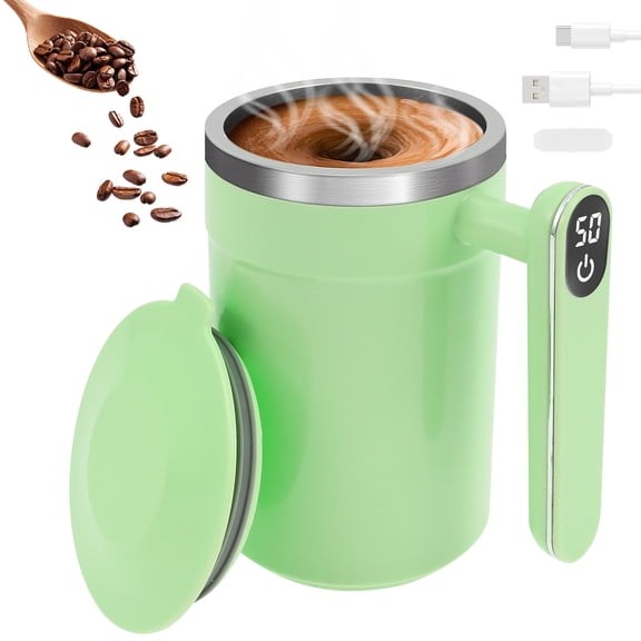 Austok Automatic Magnetic Stirring Coffee Mug 14oz Stainless Steel Thermal Cup With Handle Temp Display Type C Charge Self Stirring Mug with Lid Travel Drinkware
