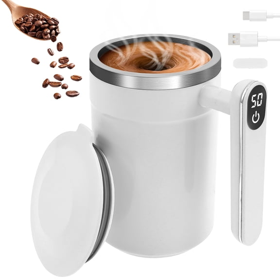 Austok Automatic Magnetic Stirring Coffee Mug 14oz Stainless Steel Thermal Cup With Handle Temp Display Type C Charge Self Stirring Mug with Lid Travel Drinkware