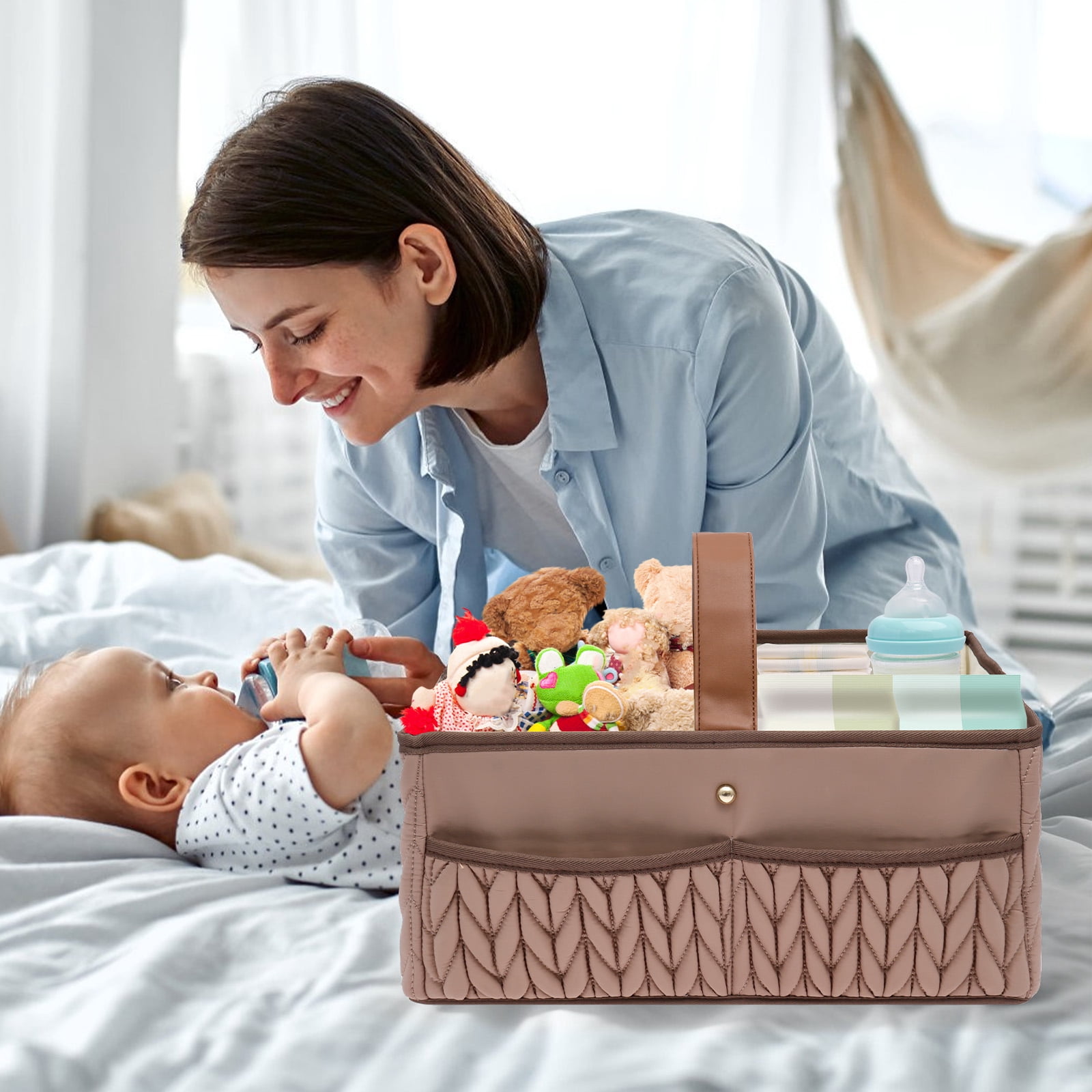 Austok Baby Diaper Caddy Organizer with Compartment Nappy Caddy with Wide Handle and Pocket for Diaper Wipe Spare Clothes Baby Essential for Changing Table Nursery Car