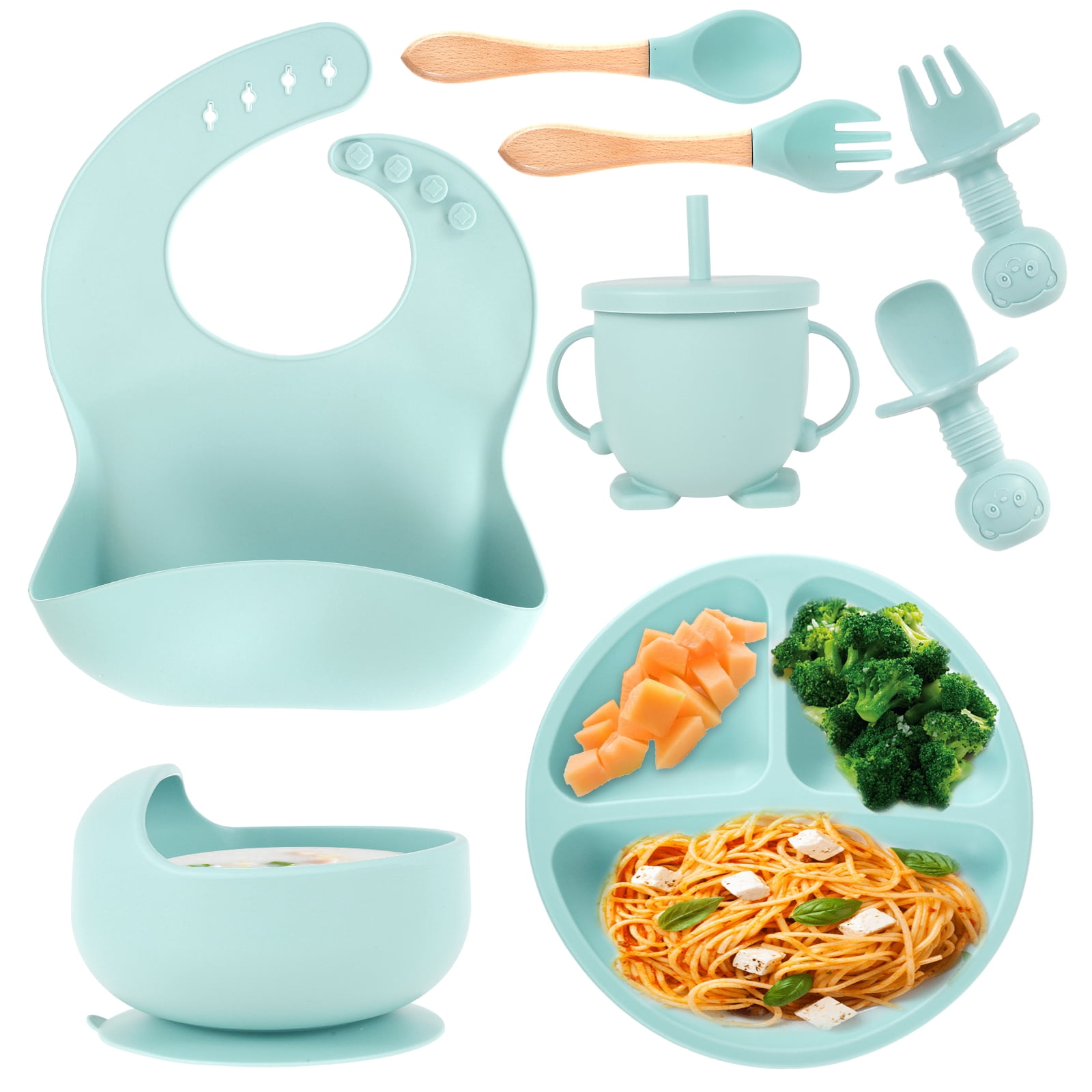Toddler Plates With Lids Ikoopy 8Pcs Silicone Soft Baby Weaning Supplies Cute Self Feeding Eating Utensils Divided Suction Plate Bib Bowl Fork Spoon Sippy Cu Baby Feeding Set
