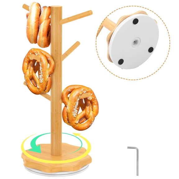 Austok Bamboo Pretzel Holder Stand Tree Shape Pretzel Display Rack Mug Holder Desktop Sausage Stand with 360 Rotatable Base and 6 Arms for Restaurant Cafe Bar Home
