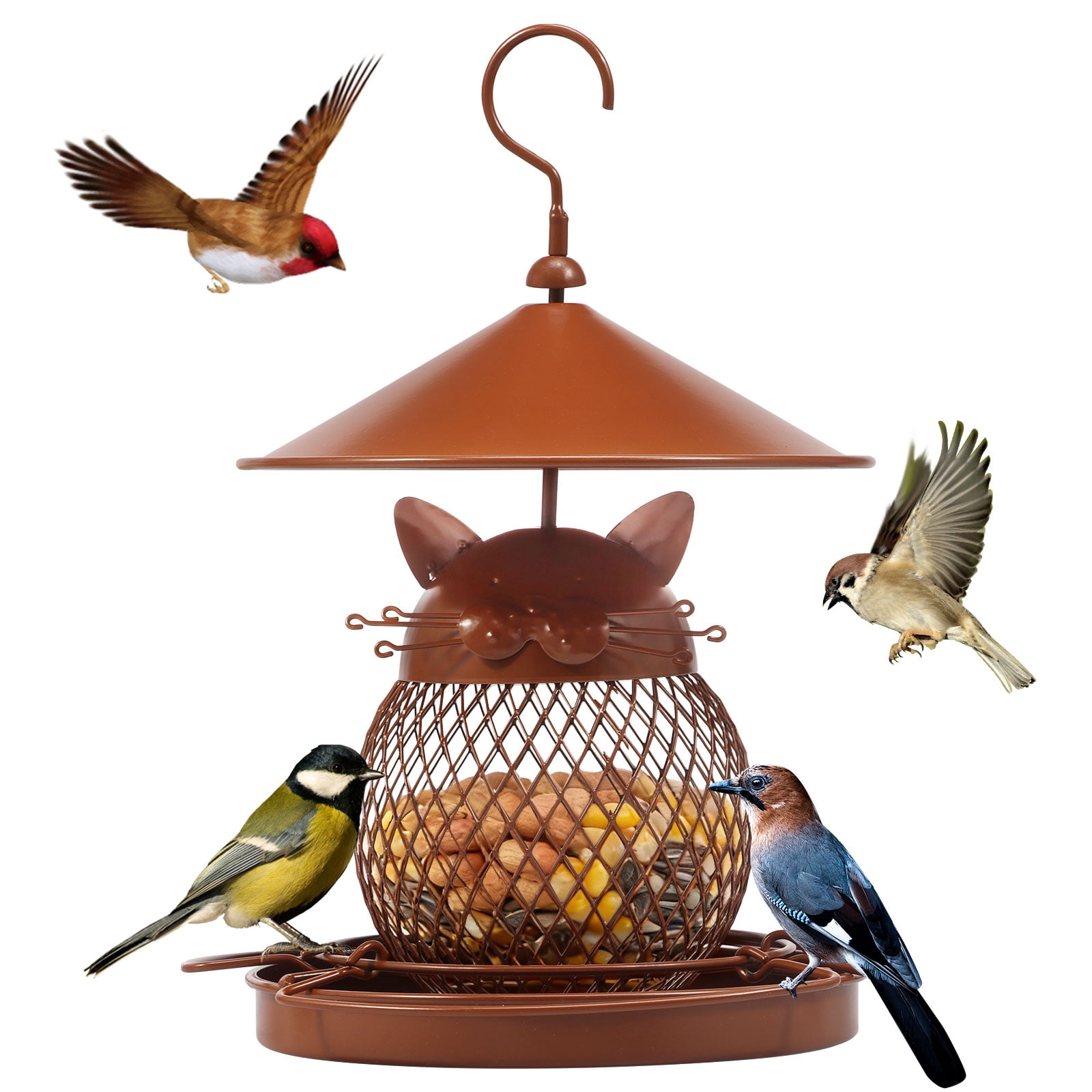 Austok Bird Feeder for Outdoor Squirrel Proof Metal Wild Bird Feeder Decoration for Hanging Outside Garden Yard Cute Cat Shaped