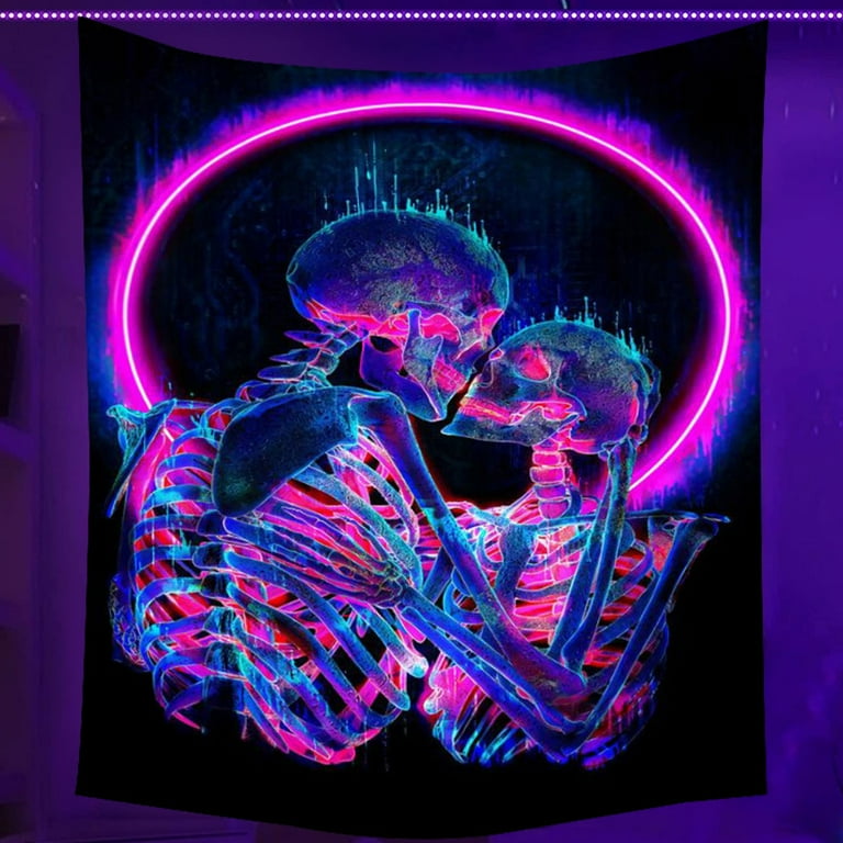 Austok Blacklight Skull Tapestry The Kissing Lovers Tapestry UV Reactive Trippy Psychedelic Neon Tapestries Glow in the Dark Party Backdrop Skeleton Wall Art for Bedroom Living Room 51.2 x 59.1 Walmar...