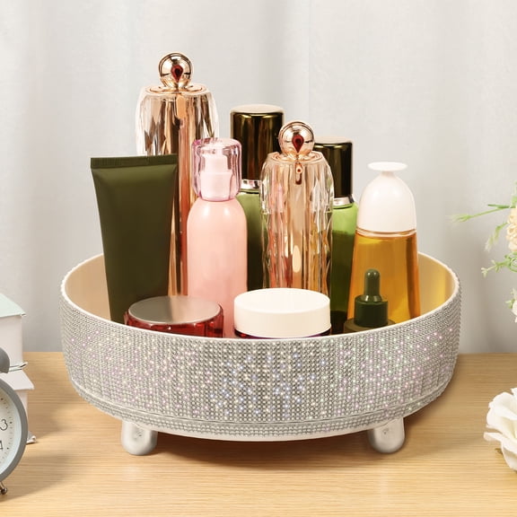 Austok Bling Perfume Makeup Organizer Rhinestone Bathroom Organizer and Storage 360° Rotating for Countertop Women Girl Essential (Pink/Purple/White)