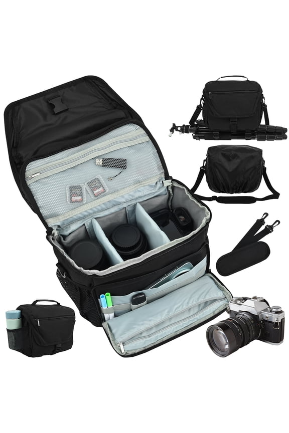 Camera Bag Waterproof DSLR/SLR/Mirrorless Camera Sling Bag with Tripod Holder for Photographer with Rain Cover Black