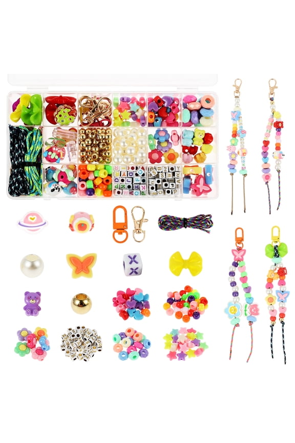 DIY Colorful Beaded Keychain Making Kit Acrylic Bow Bear Butterfly Charm Heart Star Letter Flower Cartoon Rhombus and Flat Bead Keychain Kit with Colorful Cord for Jewelry Bag Pendant