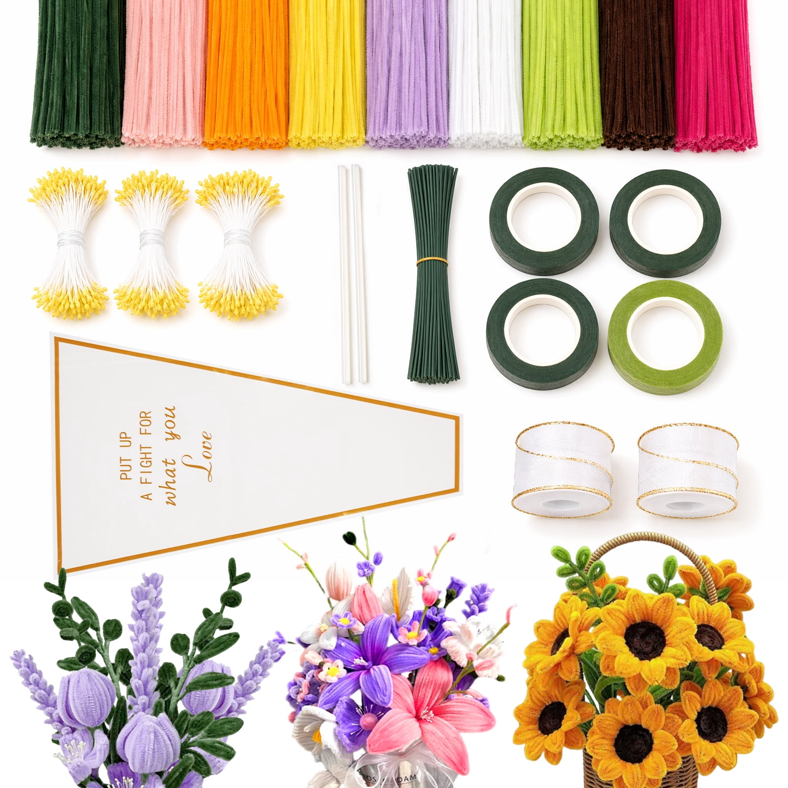 Austok DIY Pipe Cleaners Flower Craft Kit 900Pcs 9 Color Chenille Stem with 40 Stem Glue Stick Floral Tape Stamen Ribbon Wrapping Paper Handmade Bouquet Making Supplies for Arts Craft