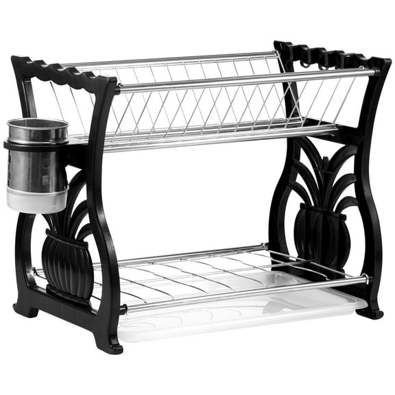 Austok Dish Rack for Kitchen, 2 Tier Dish Drying Rack with Water Tray Stainless Steel Drying Rack with Utensil Holder Rust Resistant Space Saving Kitchen Dishes Storage and Organizers