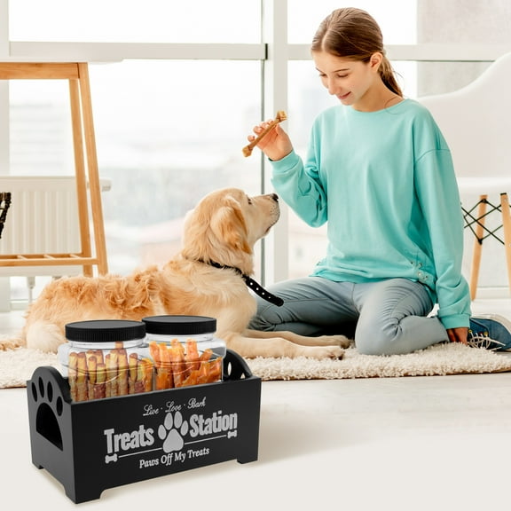 Austok Dog Treat Container Wood Dog Food Storage Container with 2 Plastic Jars Rustic Cat Treat Container Practical Pet Treat Storage Organizer for Pet Owners and Lovers