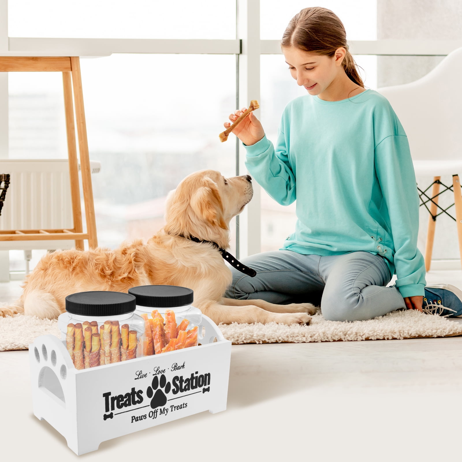 Austok Dog Treat Container Wood Dog Food Storage Container with 2