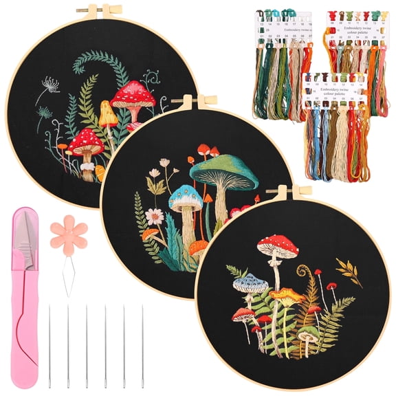 Austok Embroidery Kit for Beginners Adult, 3Pack Mushroom Cross Stitch Kits with Pattern Chart,Hoops,Threads,Needles,Cloth,Scissors,Needle Threader for DIY Handcraft Enthusiast