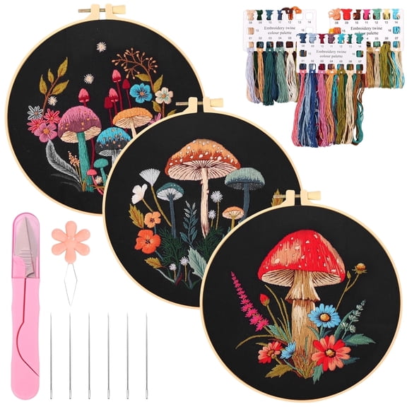 Mushroom Embroidery Kit for Beginners Adult, 3 Pack Nature Cross Stitch Starter Set with Threads and Hoops, Relaxing DIY Craft Gift